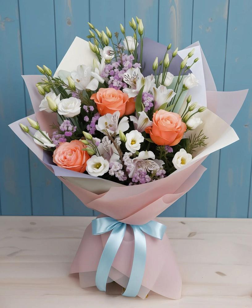 Букет цветов из: Лизиантусы, Розы, Альстромерии и Гипсофила в Чебоксарах